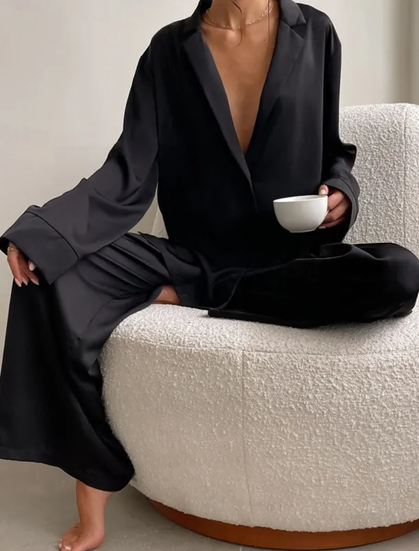 Women's Pajama Set Casual Comfort Pure Color Button Up Elastic Waist Shirt Pant Home Daily Long Sleeve Shirt Collar Black Green Summer Spring Fall Regular Fit