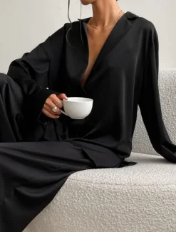 Women's Pajama Set Casual Comfort Pure Color Button Up Elastic Waist Shirt Pant Home Daily Long Sleeve Shirt Collar Black Green Summer Spring Fall Regular Fit