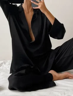 Women's Pajama Set Casual Comfort Pure Color Button Up Elastic Waist Shirt Pant Home Daily Long Sleeve Shirt Collar Black Green Summer Spring Fall Regular Fit