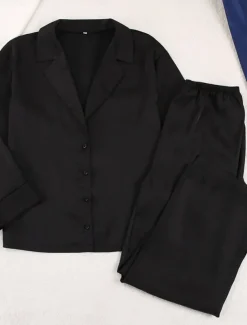 Women's Pajama Set Casual Comfort Pure Color Button Up Elastic Waist Shirt Pant Home Daily Long Sleeve Shirt Collar Black Green Summer Spring Fall Regular Fit