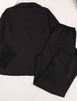 Women's Pajama Set Casual Comfort Pure Color Button Up Elastic Waist Shirt Pant Home Daily Long Sleeve Shirt Collar Black Green Summer Spring Fall Regular Fit