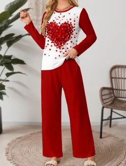 Women's Pajama Set Casual Comfort Comfrt Heart T Shirt Pant Home Valentine's Day Daily Long Sleeve Crew Neck Red Spring Fall Winter