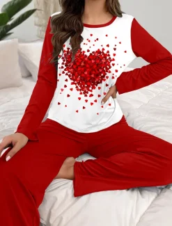Women's Pajama Set Casual Comfort Comfrt Heart T Shirt Pant Home Valentine's Day Daily Long Sleeve Crew Neck Red Spring Fall Winter
