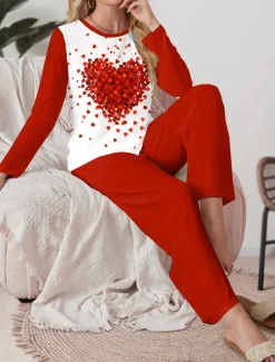 Women's Pajama Set Casual Comfort Comfrt Heart T Shirt Pant Home Valentine's Day Daily Long Sleeve Crew Neck Red Spring Fall Winter