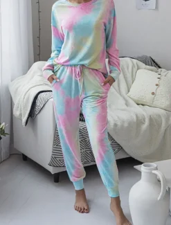 Women's Pajama Set Casual Comfort Tie Dye Elastic Waist T Shirt Pant Home Daily Long Sleeve Crew Neck Pink Blue Green Rainbow Gray Summer Spring Fall Regular Fit