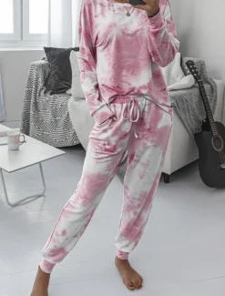 Women's Pajama Set Casual Comfort Tie Dye Elastic Waist T Shirt Pant Home Daily Long Sleeve Crew Neck Pink Blue Green Rainbow Gray Summer Spring Fall Regular Fit