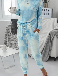 Women's Pajama Set Casual Comfort Tie Dye Elastic Waist T Shirt Pant Home Daily Long Sleeve Crew Neck Pink Blue Green Rainbow Gray Summer Spring Fall Regular Fit