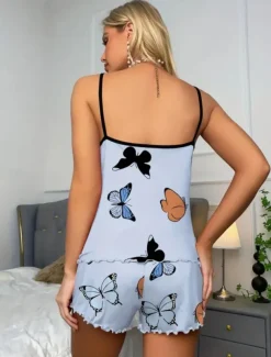 Women's Pajama Set Casual Comfort Butterfly Elastic Waist Strap Top Shorts Home Daily Long Sleeve Straps Pink Blue Beige Summer Regular Fit