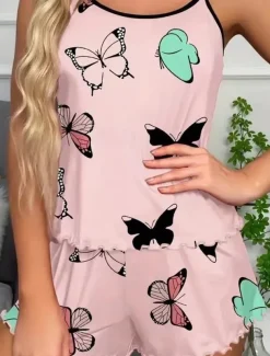 Women's Pajama Set Casual Comfort Butterfly Elastic Waist Strap Top Shorts Home Daily Long Sleeve Straps Pink Blue Beige Summer Regular Fit