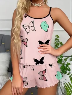 Women's Pajama Set Casual Comfort Butterfly Elastic Waist Strap Top Shorts Home Daily Long Sleeve Straps Pink Blue Beige Summer Regular Fit