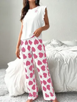 Women's Pajama Set Casual Comfort Heart Ruffle Elastic Waist Tank Top Pant Home Valentine's Day Daily Sleeveless Crew Neck Black Pink Red Summer Spring Fall Regular Fit