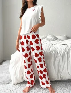 Women's Pajama Set Casual Comfort Heart Ruffle Elastic Waist Tank Top Pant Home Valentine's Day Daily Sleeveless Crew Neck Black Pink Red Summer Spring Fall Regular Fit