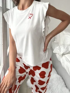 Women's Pajama Set Casual Comfort Heart Ruffle Elastic Waist Tank Top Pant Home Valentine's Day Daily Sleeveless Crew Neck Black Pink Red Summer Spring Fall Regular Fit