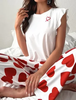 Women's Pajama Set Casual Comfort Heart Ruffle Elastic Waist Tank Top Pant Home Valentine's Day Daily Sleeveless Crew Neck Black Pink Red Summer Spring Fall Regular Fit