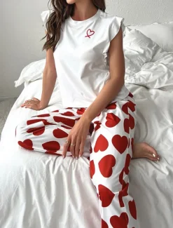 Women's Pajama Set Casual Comfort Heart Ruffle Elastic Waist Tank Top Pant Home Valentine's Day Daily Sleeveless Crew Neck Black Pink Red Summer Spring Fall Regular Fit