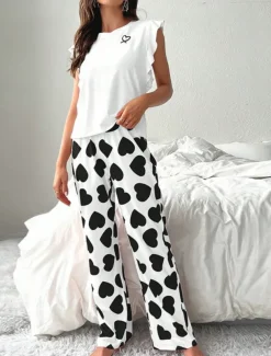 Women's Pajama Set Casual Comfort Heart Ruffle Elastic Waist Tank Top Pant Home Valentine's Day Daily Sleeveless Crew Neck Black Pink Red Summer Spring Fall Regular Fit