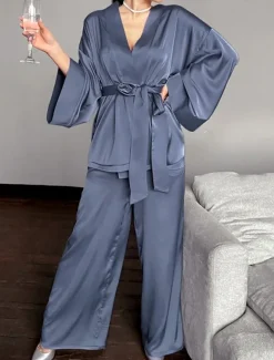 Women's Pajama Set Casual Comfort Pure Color Elastic Waist Robe Top Pant Home Daily Half Sleeve V Neck Black Blue Green Summer Spring Fall Regular Fit