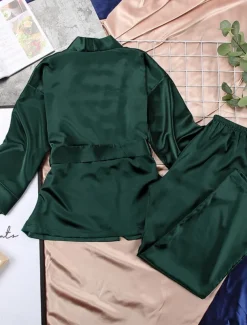 Women's Pajama Set Casual Comfort Pure Color Elastic Waist Robe Top Pant Home Daily Half Sleeve V Neck Black Blue Green Summer Spring Fall Regular Fit