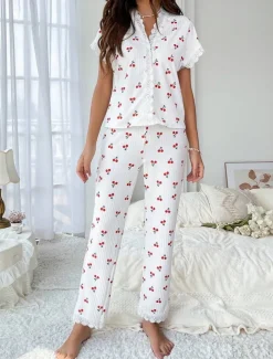 Women's Pajama Set Casual Comfort Cherry Elastic Waist Shirt Pant Home Daily Short Sleeve V Neck White Summer Spring Fall Regular Fit
