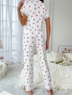 Women's Pajama Set Casual Comfort Cherry Elastic Waist Shirt Pant Home Daily Short Sleeve V Neck White Summer Spring Fall Regular Fit