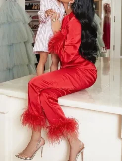 Women's Pajama Set Casual Comfort Pure Color Elastic Waist Feather Shirt Pant Home Daily Long Sleeve Shirt Collar Black White Pink Red Blue Summer Spring Fall Regular Fit