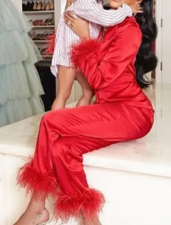 Women's Pajama Set Casual Comfort Pure Color Elastic Waist Feather Shirt Pant Home Daily Long Sleeve Shirt Collar Black White Pink Red Blue Summer Spring Fall Regular Fit