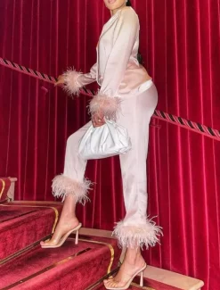 Women's Pajama Set Casual Comfort Pure Color Elastic Waist Feather Shirt Pant Home Daily Long Sleeve Shirt Collar Black White Pink Red Blue Summer Spring Fall Regular Fit