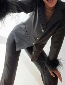 Women's Pajama Set Casual Comfort Pure Color Elastic Waist Feather Shirt Pant Home Daily Long Sleeve Shirt Collar Black White Pink Red Blue Summer Spring Fall Regular Fit