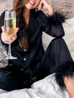 Women's Pajama Set Casual Comfort Pure Color Elastic Waist Feather Shirt Pant Home Daily Long Sleeve Shirt Collar Black White Pink Red Blue Summer Spring Fall Regular Fit