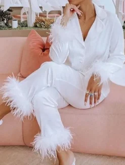 Women's Pajama Set Casual Comfort Pure Color Elastic Waist Feather Shirt Pant Home Daily Long Sleeve Shirt Collar Black White Pink Red Blue Summer Spring Fall Regular Fit