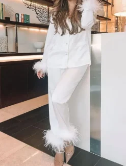 Women's Pajama Set Casual Comfort Pure Color Elastic Waist Feather Shirt Pant Home Daily Long Sleeve Shirt Collar Black White Pink Red Blue Summer Spring Fall Regular Fit