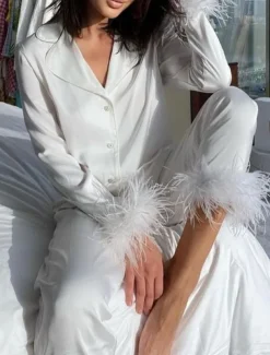 Women's Pajama Set Casual Comfort Pure Color Elastic Waist Feather Shirt Pant Home Daily Long Sleeve Shirt Collar Black White Pink Red Blue Summer Spring Fall Regular Fit