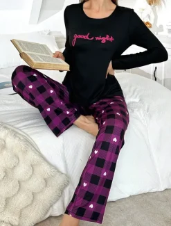 Women's Pajama Set Casual Comfort Comfrt Heart T Shirt Pant Home Long Sleeve Crew Neck Purple Spring Fall Winter