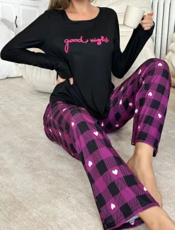 Women's Pajama Set Casual Comfort Comfrt Heart T Shirt Pant Home Long Sleeve Crew Neck Purple Spring Fall Winter