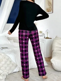 Women's Pajama Set Casual Comfort Comfrt Heart T Shirt Pant Home Long Sleeve Crew Neck Purple Spring Fall Winter