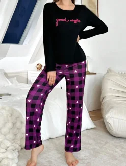Women's Pajama Set Casual Comfort Comfrt Heart T Shirt Pant Home Long Sleeve Crew Neck Purple Spring Fall Winter