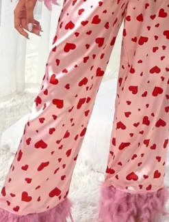 Women's Pajama Set Casual Comfort Heart Elastic Waist Shirt Pant Home Valentine's Day Daily Long Sleeve Shirt Collar Pink Summer Spring Fall Loose Fit