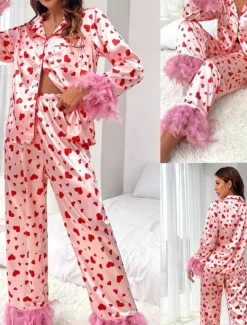 Women's Pajama Set Casual Comfort Heart Elastic Waist Shirt Pant Home Valentine's Day Daily Long Sleeve Shirt Collar Pink Summer Spring Fall Loose Fit