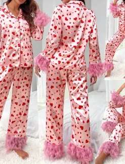 Women's Pajama Set Casual Comfort Heart Elastic Waist Shirt Pant Home Valentine's Day Daily Long Sleeve Shirt Collar Pink Summer Spring Fall Loose Fit