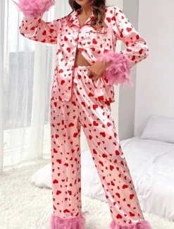 Women's Pajama Set Casual Comfort Heart Elastic Waist Shirt Pant Home Valentine's Day Daily Long Sleeve Shirt Collar Pink Summer Spring Fall Loose Fit