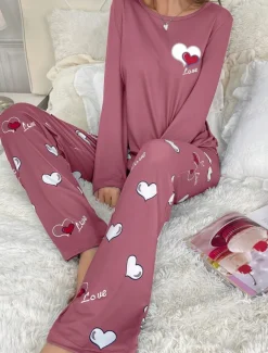 Women's Pajama Set Casual Comfort Comfrt Heart T Shirt Pant Home Long Sleeve Crew Neck Pink Spring Fall Winter