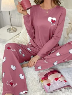 Women's Pajama Set Casual Comfort Comfrt Heart T Shirt Pant Home Long Sleeve Crew Neck Pink Spring Fall Winter