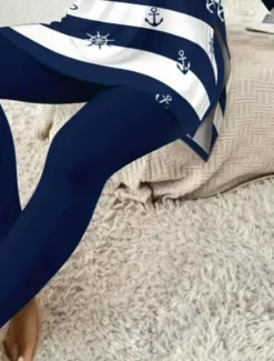 Women's Pajama Set Loungewear Round Neck Long Sleeve Casual Sleepwear Fashion Pants Sets Pants Trousers Color Block Print Daily Dark Navy Spring & Fall Regular Fit