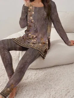 Women's Pajama Set Loungewear Round Neck Long Sleeve Casual Tee Pants Sets Print Outdoor Sports Daily Light Green Spring & Fall Home Outfits