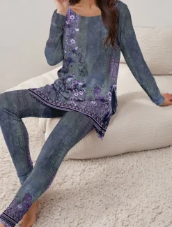 Women's Pajama Set Loungewear Round Neck Long Sleeve Casual Tee Pants Sets Print Outdoor Sports Daily Light Green Spring & Fall Home Outfits