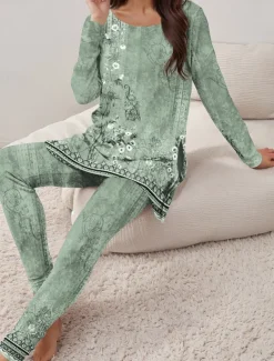 Women's Pajama Set Loungewear Round Neck Long Sleeve Casual Tee Pants Sets Print Outdoor Sports Daily Light Green Spring & Fall Home Outfits