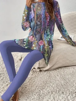 Women's Pajama Set Loungewear Round Neck Long Sleeve Casual Fashion Pants Sets Pants Trousers Color Block Print Daily Grape Regular Fit