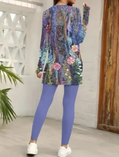 Women's Pajama Set Loungewear Round Neck Long Sleeve Casual Fashion Pants Sets Pants Trousers Color Block Print Daily Grape Regular Fit