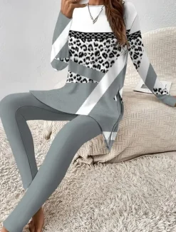 Women's Pajama Set Loungewear Round Neck Long Sleeve Casual Sleepwear Fashion Pants Sets Pants Trousers Color Block Print Daily Dark Grey Regular Fit