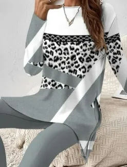 Women's Pajama Set Loungewear Round Neck Long Sleeve Casual Sleepwear Fashion Pants Sets Pants Trousers Color Block Print Daily Dark Grey Regular Fit